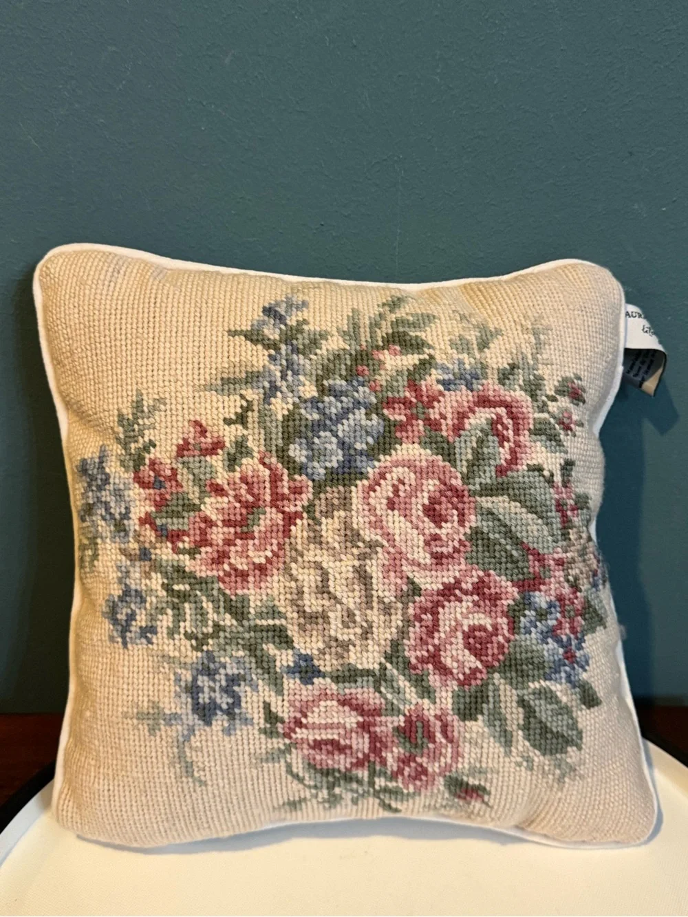Laura Ashley Lifestyles Floral Needlepoint Pillow 11” Square Floral Ivory Velvet